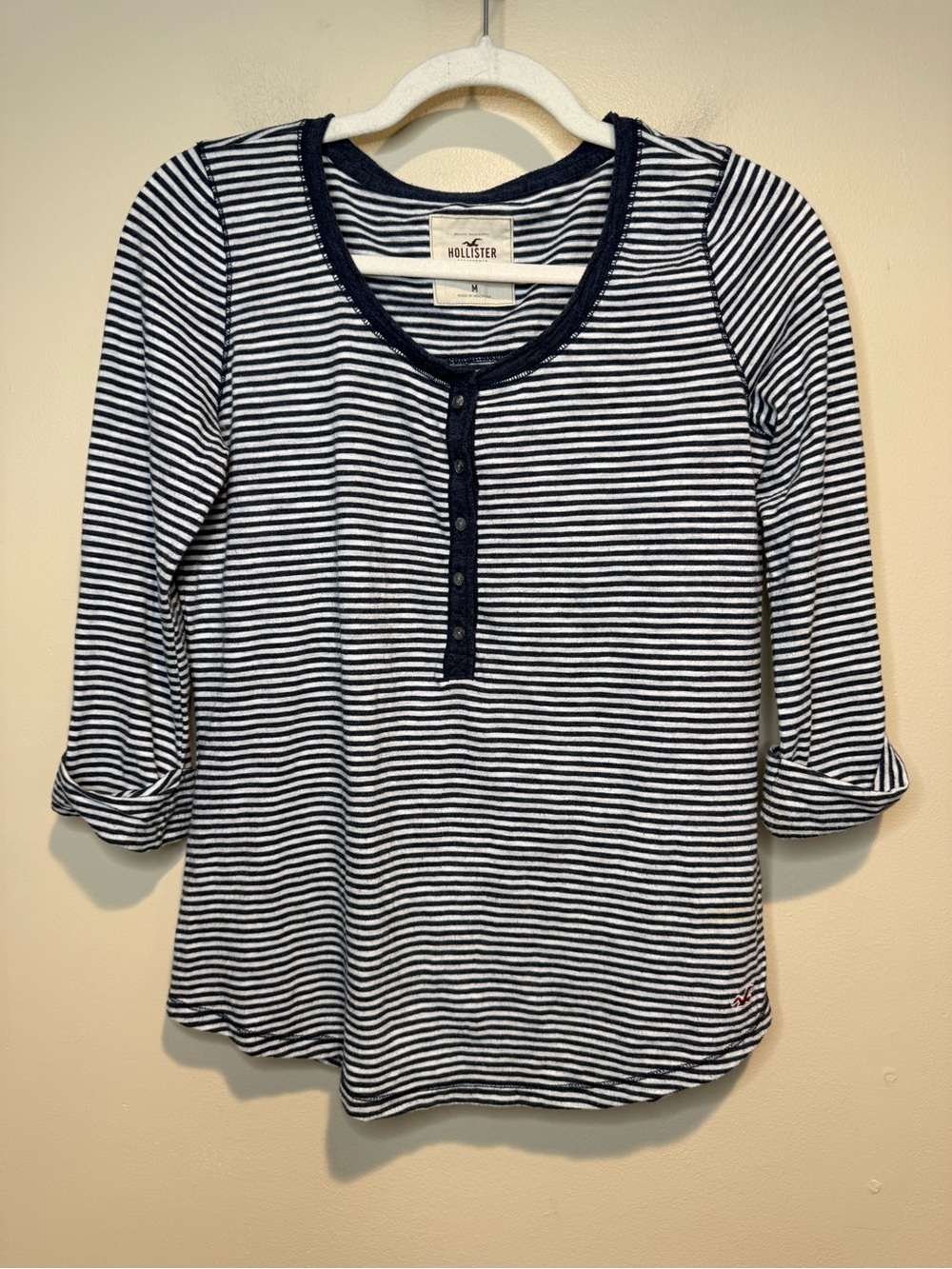 Hollister Juniors Blue White Striped So Cal Henley Long Shirt Juniors medium Y2K
